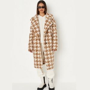 Missguided Tan Houndstooth Borg Teddy Longline Jacket